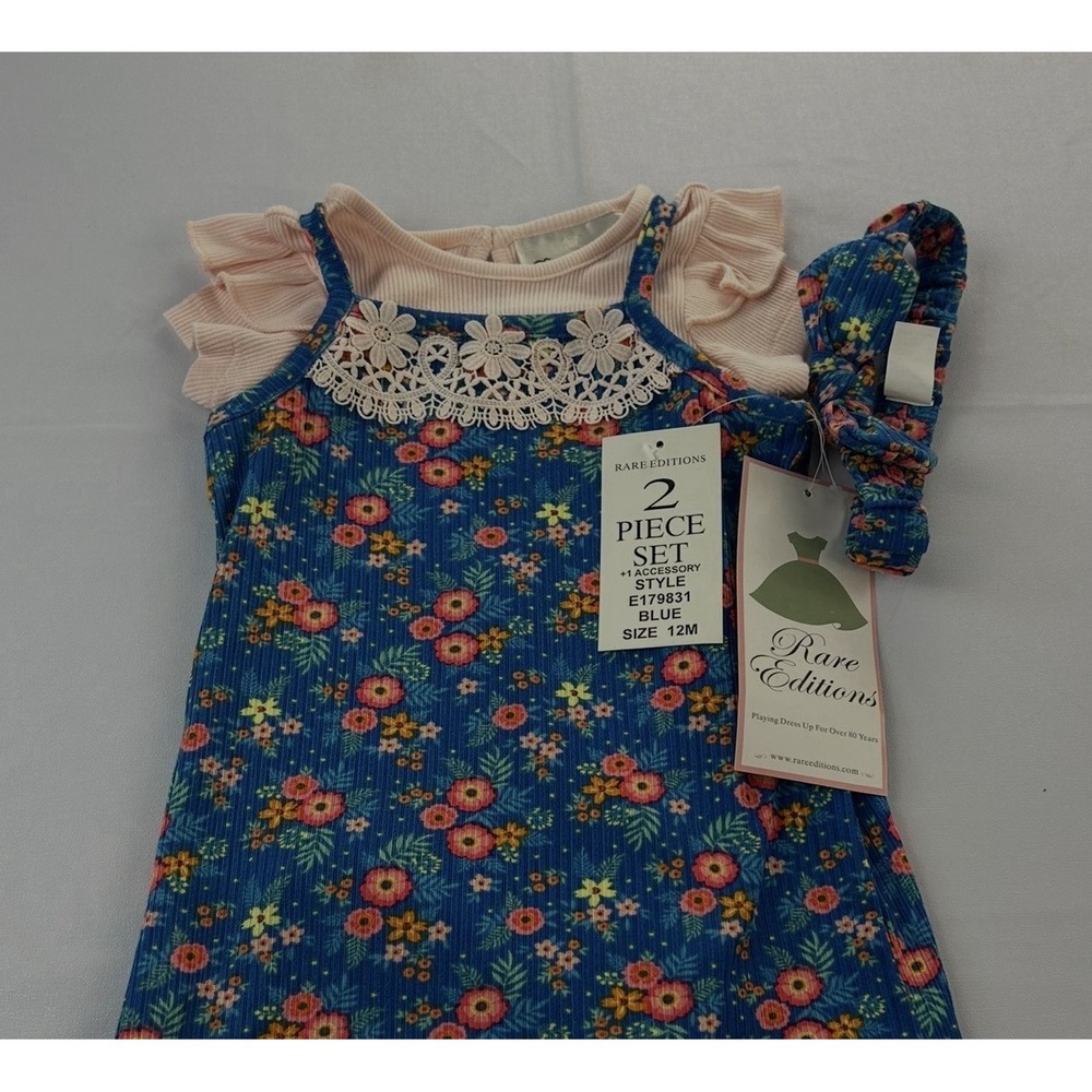 Rare Editions Boho Baby Girl Floral Lace Dress Headband 12M New Blue Pink Easter